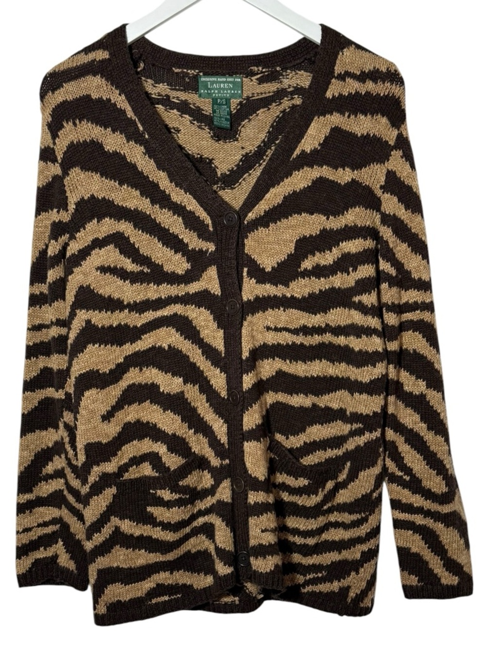 Vintage Lauren Ralph Lauren Hand Knit Linen Cotton Zebra Print Cardigan Size P/S - Picture 3 of 9